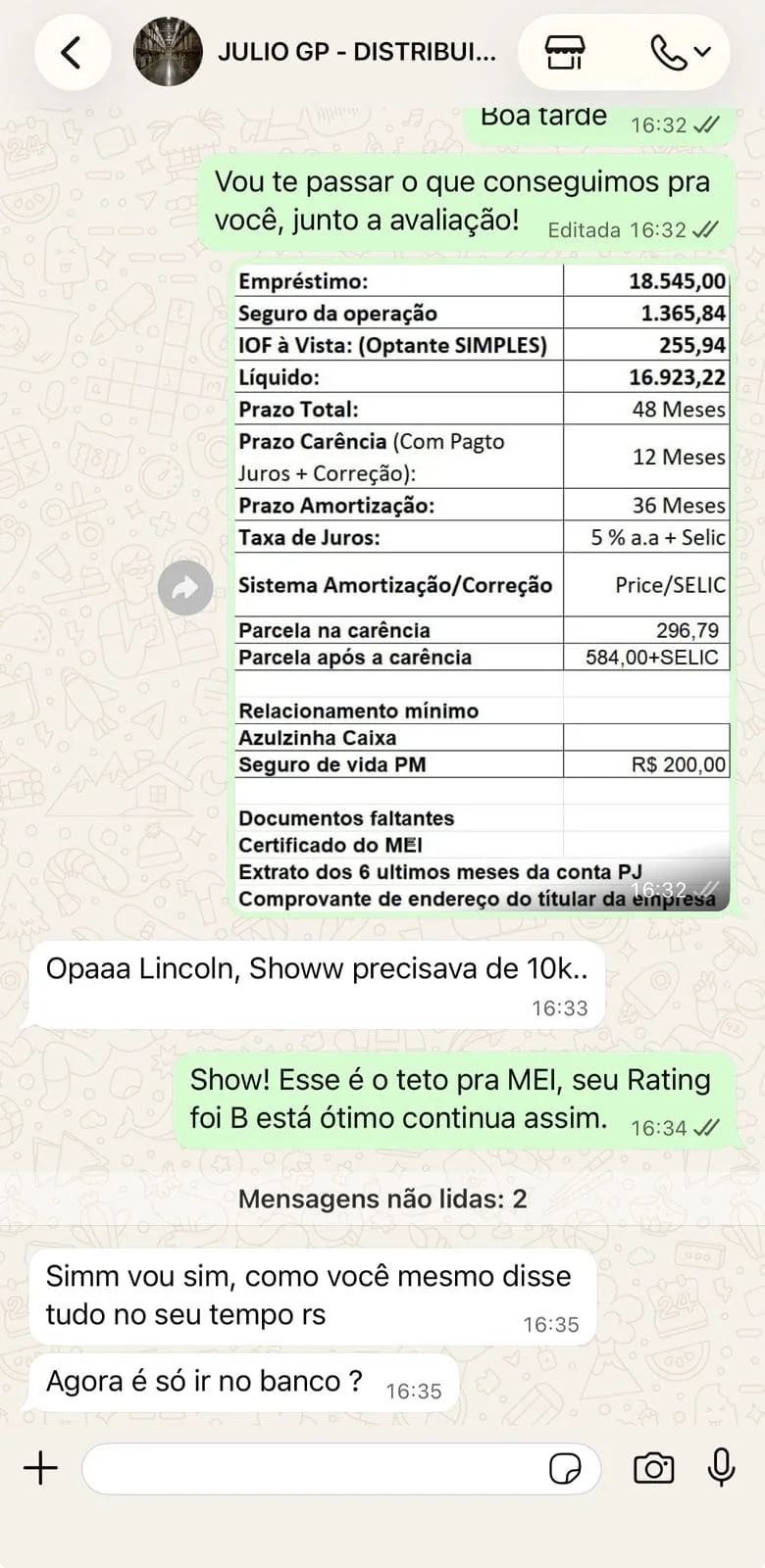 Comprovante de operação de crédito empresarial